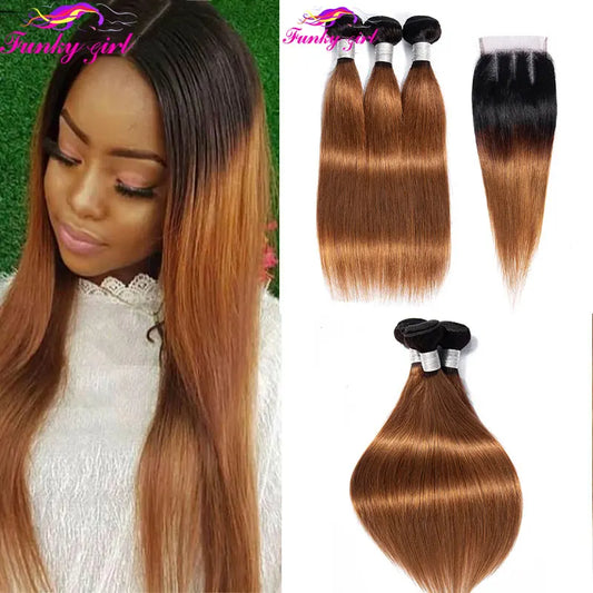 Straight Bundles Ombre Hair With Closure Brazilian Human Hair Weave Bundles Ombre Remy Closure With Bundles Medium Ratio 1B/30