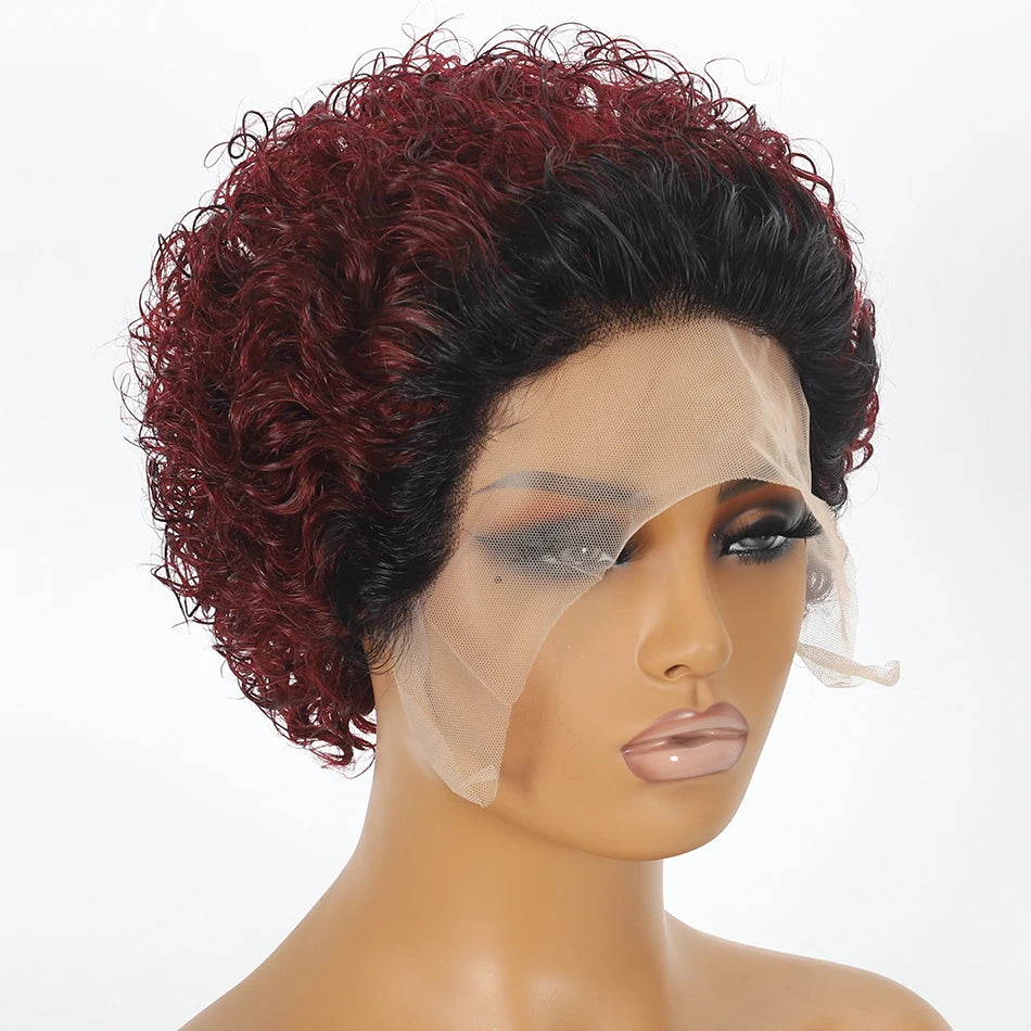 Pixie Cut Wig Kinky Curly Human Hair Wig Honey Blonde Burgundy Colored Short Curly Bob Wigs Pre plucked 13x1 Lace Frontal Wigs