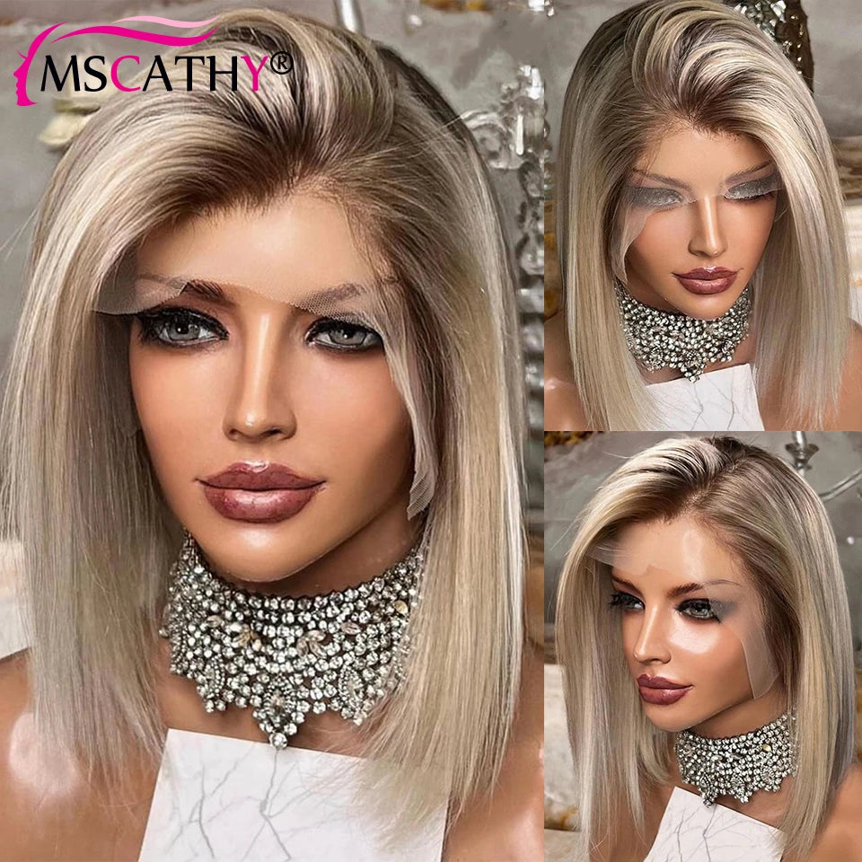 Glueless 13x4 Ash Blonde Lace Front Human Hair Wig Ombre Short Bob Lace Closure Wig 5x5 HD Transparent Lace Front Wigs For Women