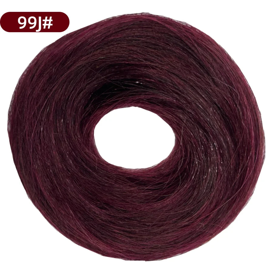 Messy Bun Hair Piece Human Hair Natural Black Wavy Tousled Stretchy Fluffy Donut Updo Elegant Chignon with Elastic Rubber Band