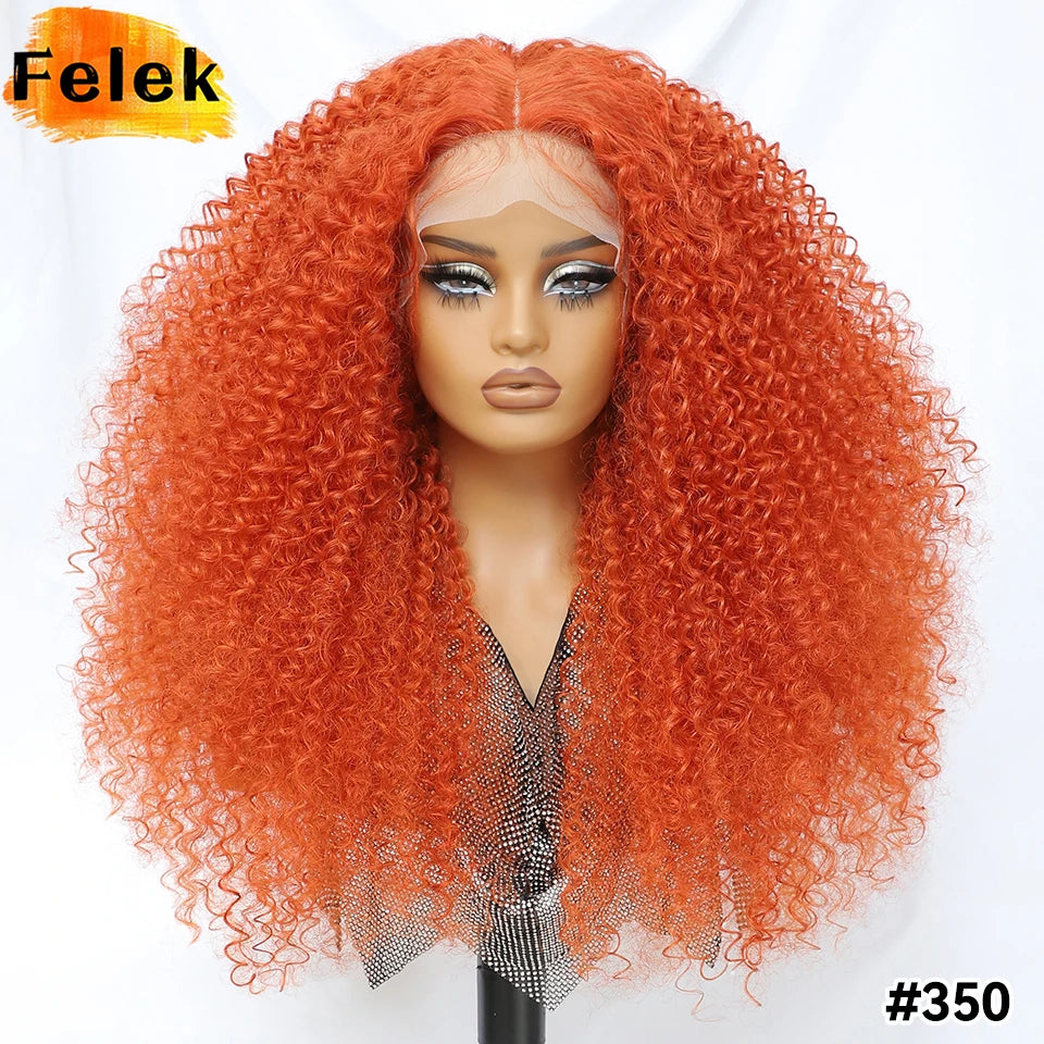 Long Afro Kinky Curly Synthetic Wig 24 Inch Jerry Curl Deep Part Lace Front Wigs For Female Ombre Blue Copper 613 Highlight Wigs