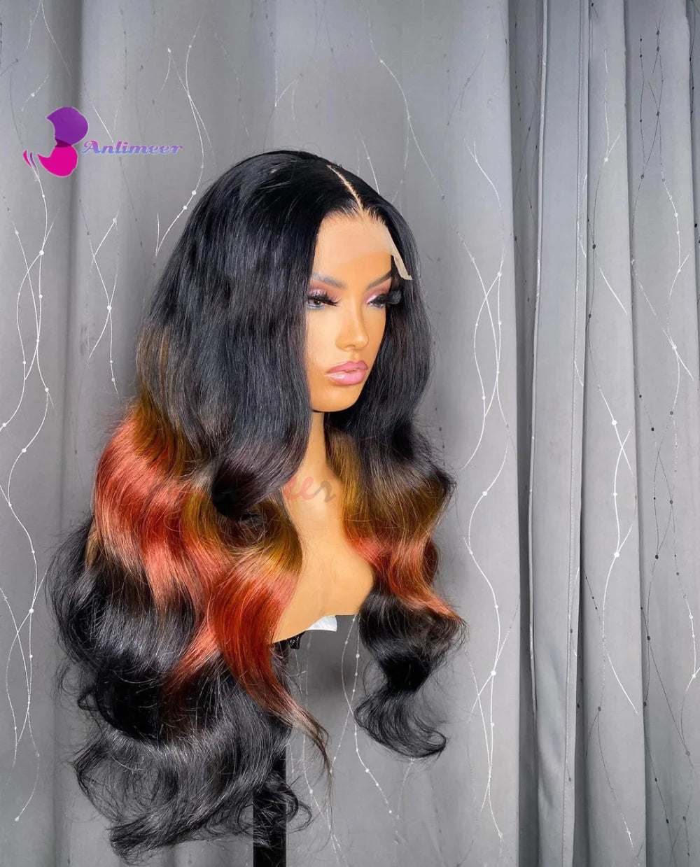 Jet Black Ombre Orange Ginger Mixed Colored Human Hair Long Wigs Body Wave Lace Front Wig Real Human Hair Wig for Black Women