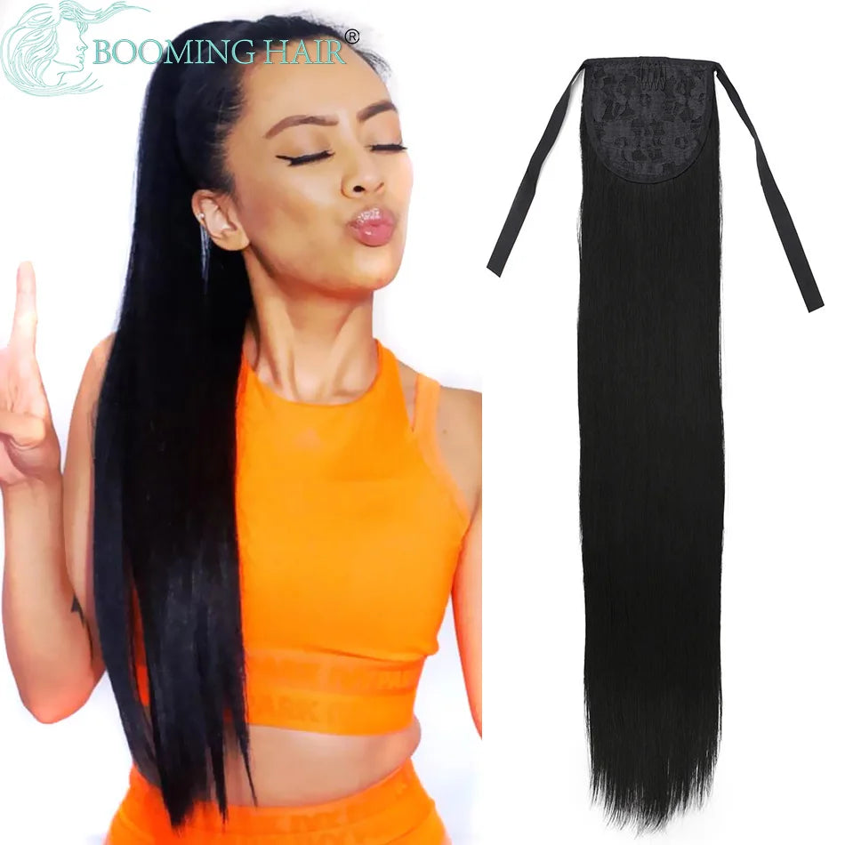 Synthetic Long Straight Ponytail Drawstring Pony Tail 32inch Clip In Hair Extensions for Women Heat Resistant Fake Hair BOOMING