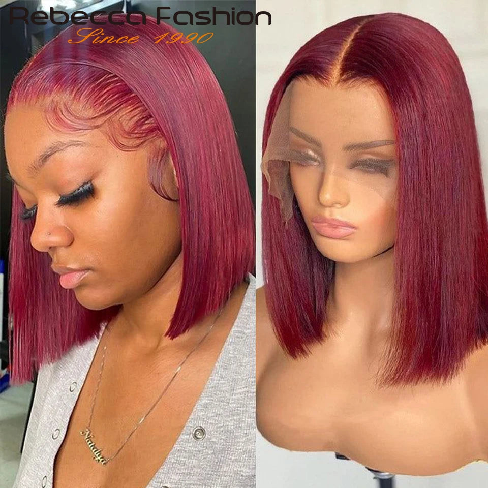Rebecca Short Brown Color Bob Wig Peruvian Straight Lace Front Human Hair Wigs For Women 33 Reddish Brown 13*6*1 T Lace Part Wig