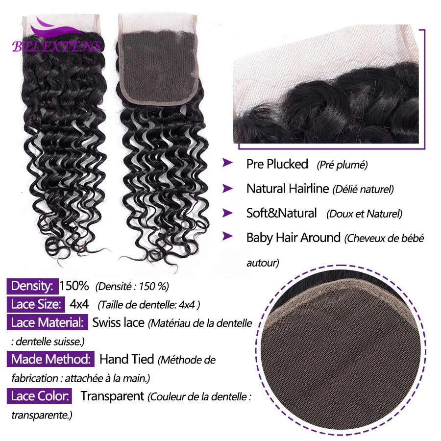 20 22 24 inch Deep Wave Hair Bundles with Closures 12A Raw Hair Long Thick Deep Curly Human Hair Bundles with 4x4 Lace Closure
