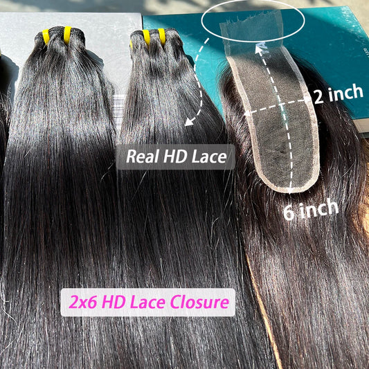 Bone Straight Double Drawn Human Hair Bundles With 2x6 HD Lace Closure Preplucked #1B Raw Virgin Human Hair Weaving Extensions