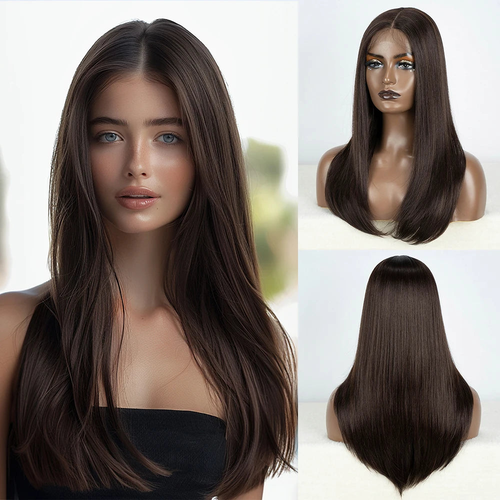 Synthetic Lace Front Wig Straight Baby Hair Bob Wig Bown Black Blonde Hair Wig 22"Cosplay Wig For Women Heat Resistant Wig