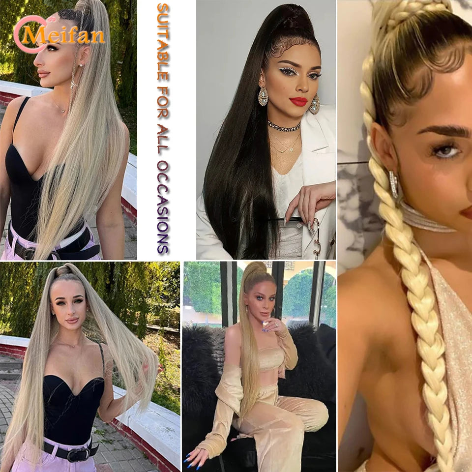 MEIFAN 18-32Inch Long Straight Ponytail Extension with Elastic Tie Natural Soft Fake Pony Tail Synthetic DIY Ponytail Hairpiece