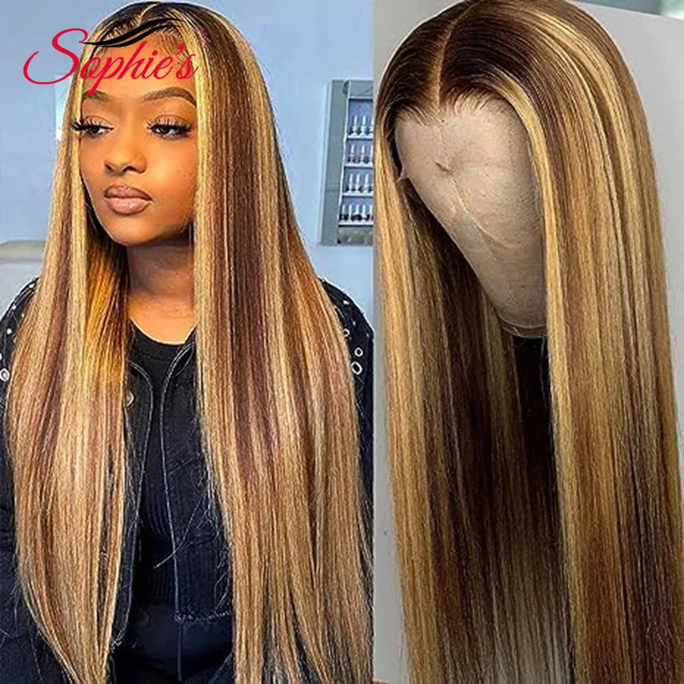 Sophie's 13*4 Lace Frontal Highlight Human Hair Wig 180% Density Wigs for  Women Brazilian Straight Remy Hair Wig 14-28 Inch