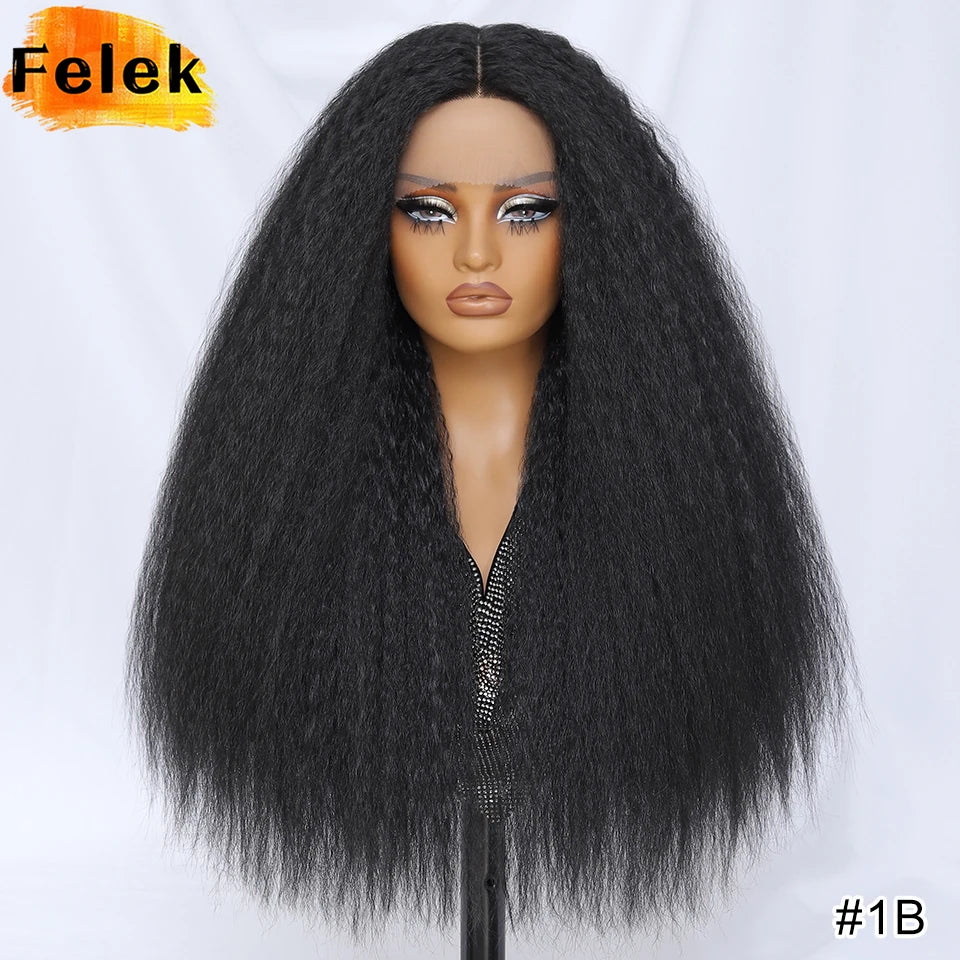 28 Inch Kinky Straight Lace Wigs Synthetic Black T Part Yaki Straight Lace Front Wigs For Women Brown Afro Wigs With Hair Line