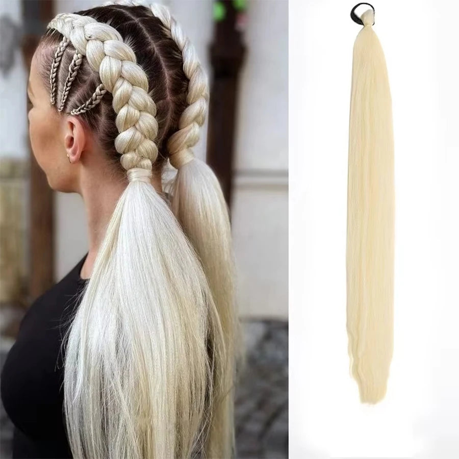 2PCS 26Inch Synthetic Long Straight Ponytail with Elastic Hair Colorful Braiding Hair Ponytail Hair Extensions Hair Accessories