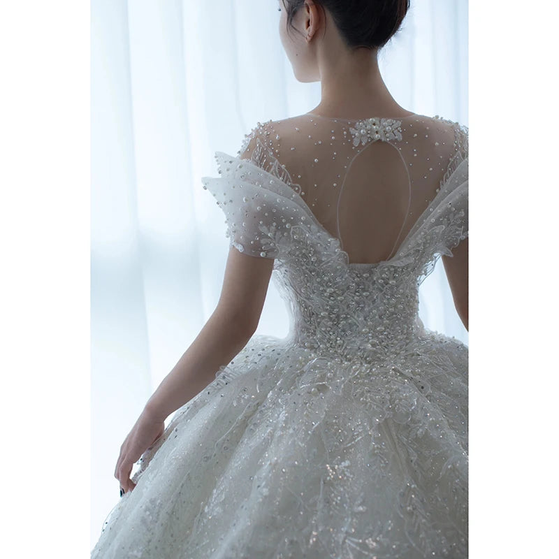 2024 New Luxury Wedding Dress The Shoulder V-neck Sexy Lace Applique Princess Wedding Gown With Pearls Vestido Noiva Customized