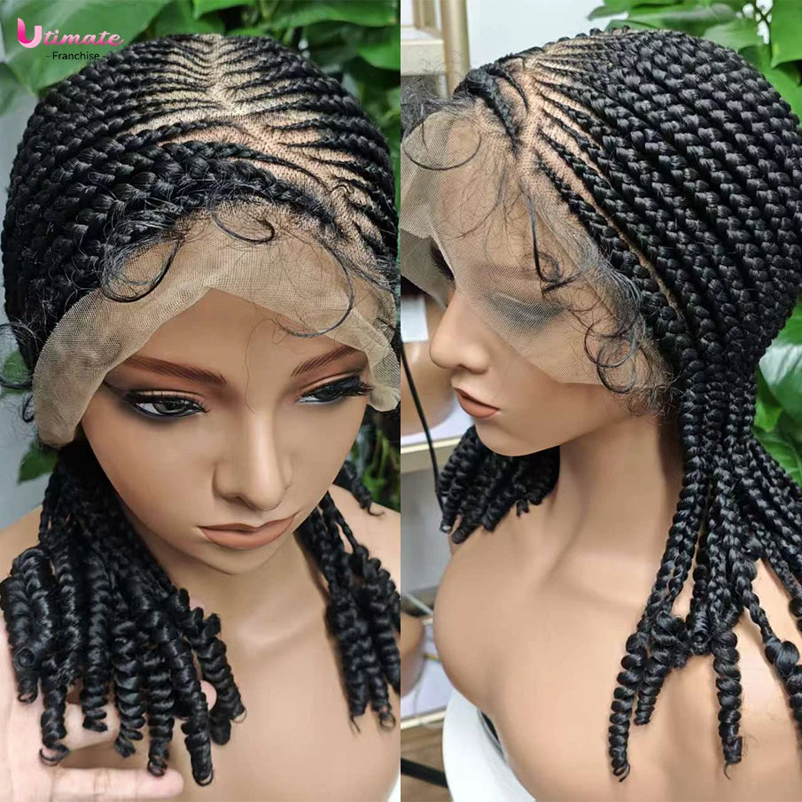 Knotless Wig Synthetic Cornrow Braided Wigs for Women 14 Inch Full Lace Braids Wig Short Blait Natural Black 2025 New Hairstyle