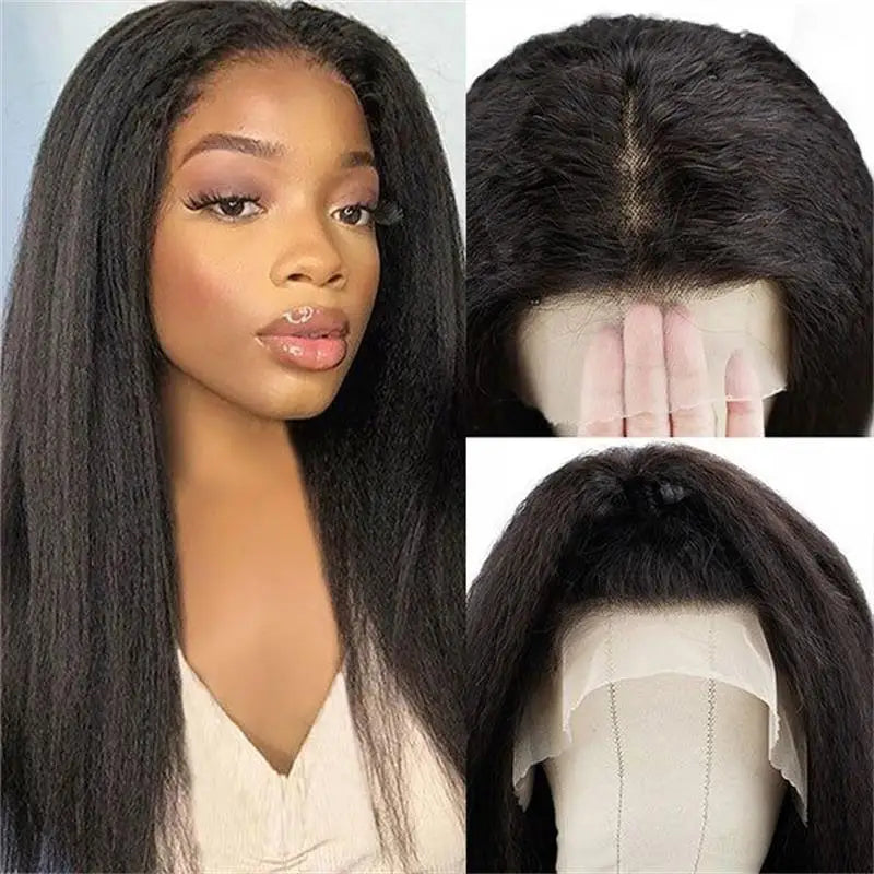 Kinky Straight Human Hair Wig 13X4 Kinky Straight Wig Human Hair  PrePlucked With Baby Hair Yaki Straight Lace Front Wigs