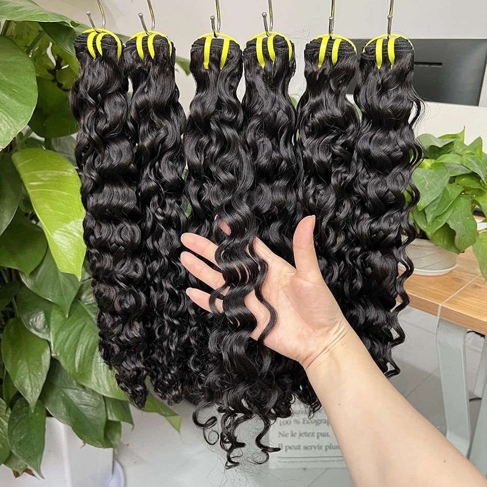Double Drawn Water Wave Human Hair Bundles 100% Raw Virgin Human Hair Weave Extensions #1b Natural Color 10A Wavy Curl For Women