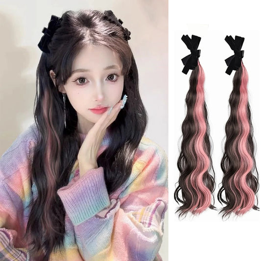 Fashionable Highlight Elf Ear 2Pcs Synthetic Wig Sweet Princess Head Bow Clip-on Curly Hair Ponytail Wig for Women