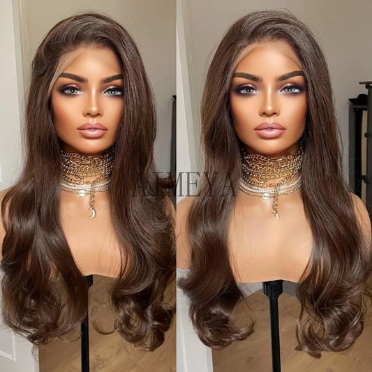 AIMEYA Long Brown Wigs for Women Synthetic Lace Wig Body Wave Lace Front Wigs Heat Resistant Cosplay Natural Hairline Daily Use