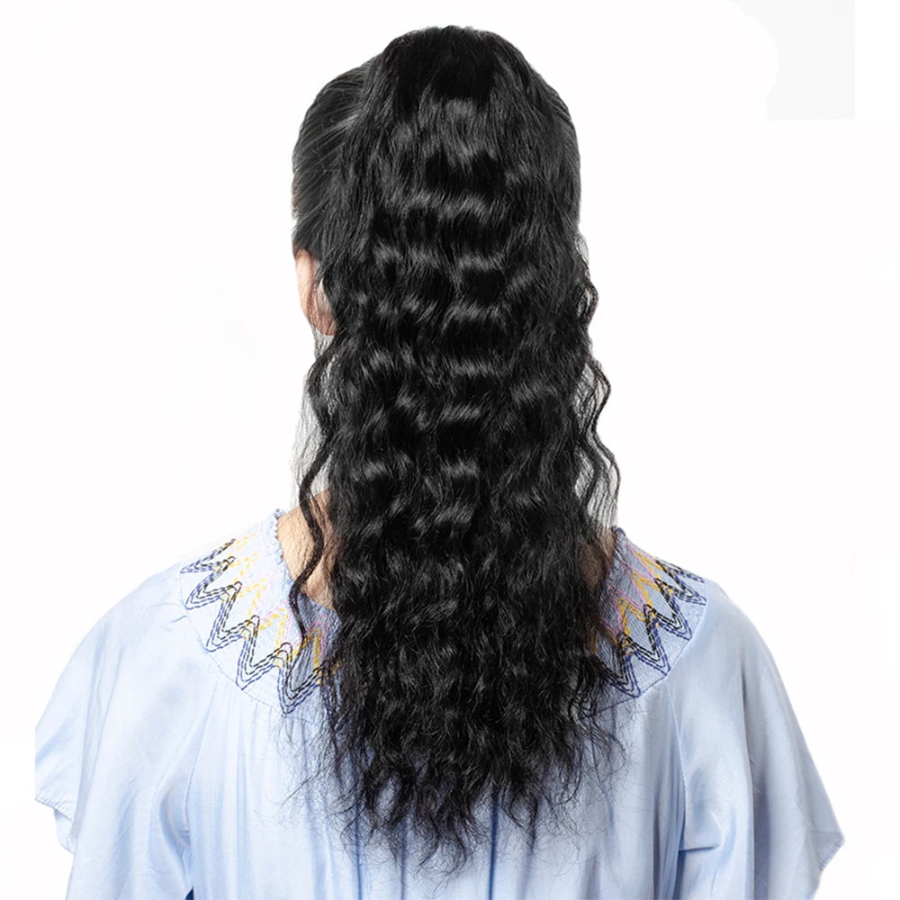 100g Natural Wave Drawstring Ponytail Human Hair Clip In Extensitons Natural Black Water Wave Pony Tail Brazilian Hair For Women