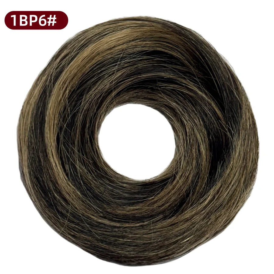 Messy Bun Hair Piece Human Hair Natural Black Wavy Tousled Stretchy Fluffy Donut Updo Elegant Chignon with Elastic Rubber Band