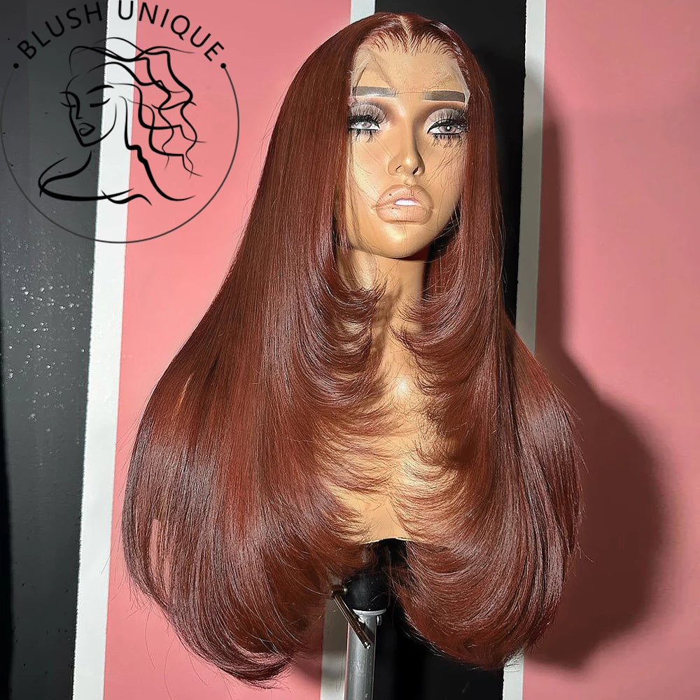 Reddish Brown Layered Lace Front Wig 13X6 Copper Red Straight Lace Front Wigs For Women Synthetic Glueless Heat Resistant Wigs