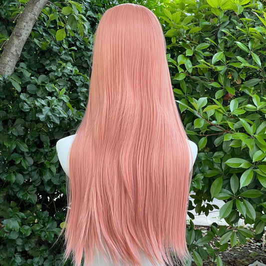 Pink Long Straight 13x4 Synthetic Lace Front Wig for Women Fashion Color Cosplay Glueless Half Hand Tied 150% Density Medium Cap