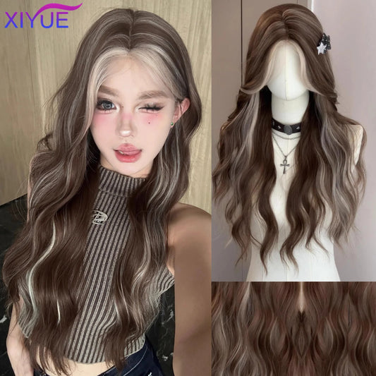 Long Brown  Platinum Ombre Synthetic Wigs for Women Natural Hair Wavy Wigs Middle Part Female Wig Cosplay Heat Resistant Wigs ﻿