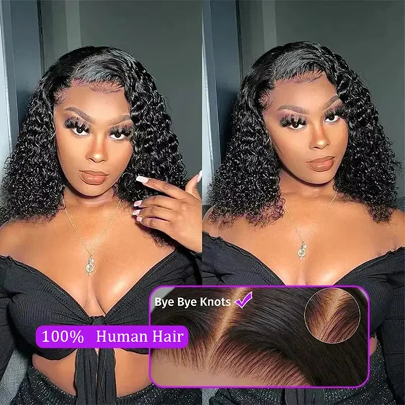 Deep Wave 13x4 Lace Frontal Bob Wig 200% Density Brazilian Pre Plucked 100% Human Hair Wigs #1B Water Wave Invisible Lace Wigs