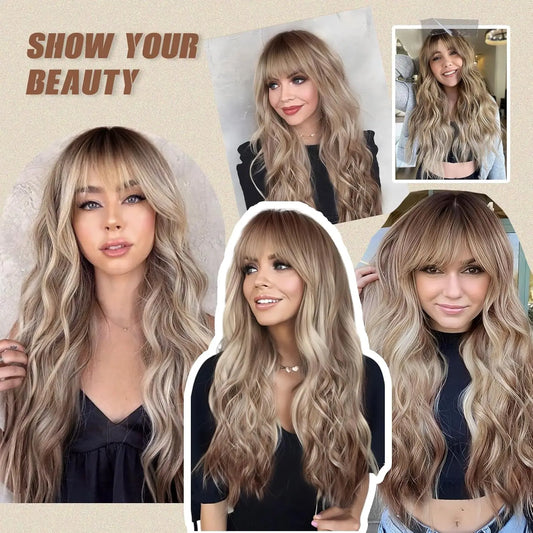 Blonde Brown Synthetic Wig With Bangs Long Curly Wigs For Women Ombre Blonde Wigs Dark Roots Heat Resistant Wigs For Daily Party