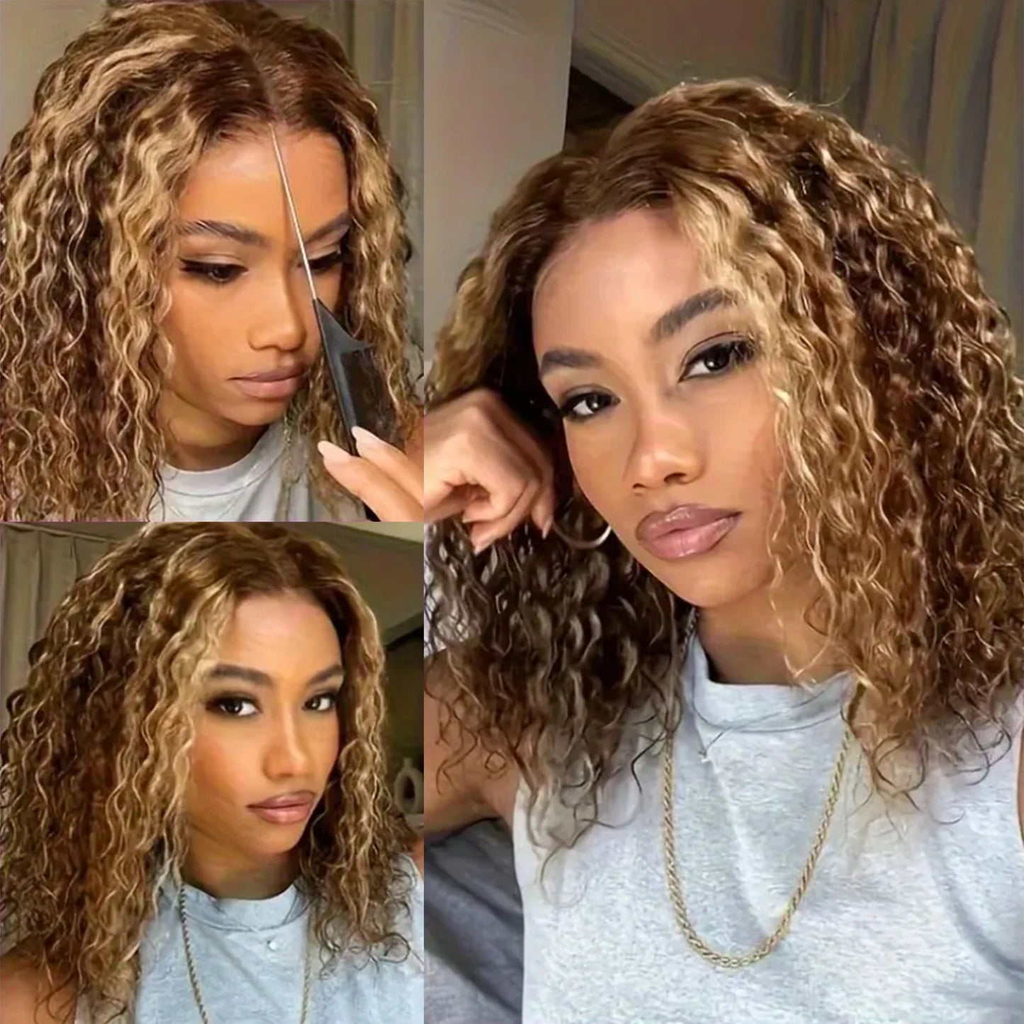 4/27 Highlight Curly Wigs Short Bob Wig Human Hair Brazilian Water Wave Ombre Blonde Color 13x4 Full Lace Frontal Wig For Women