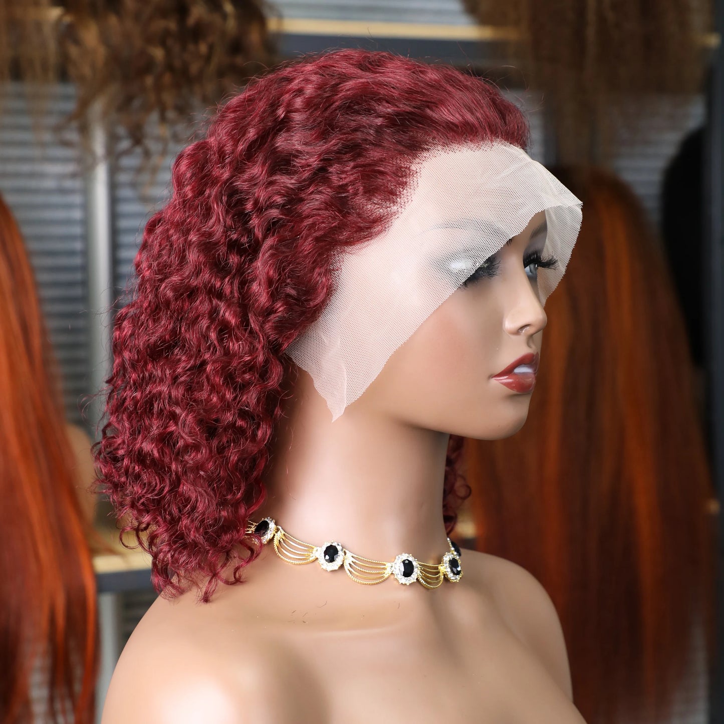 99J Burgundy Curly Wigs Brazilian 13x4 Full Lace Frontal Human Hair Wig 200% Density Colored Water Wave Short Bob Wig Human Hair