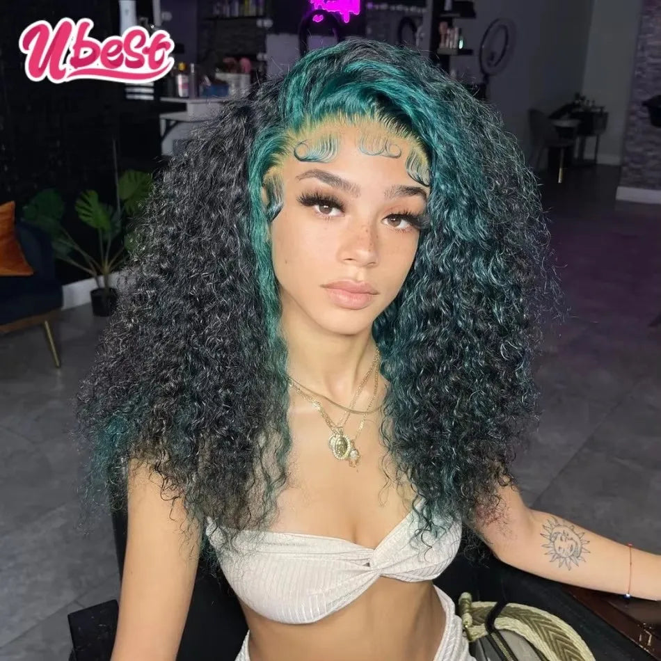 Ubest 13X6 Transparent Lace Front Wigs Curly 100％ Human Hair Ombre Dark Green Colored 5X5 Lace Closure Wig Pre Plucked For Women