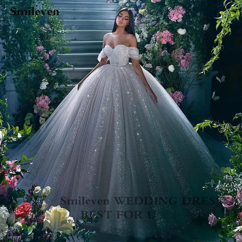Smileven Princess Wedding Dress Ball Gowns Glitter Tulle Sweetheart Bride Dresses Robe De Mariee Off The Shoulder Wedding Gowns