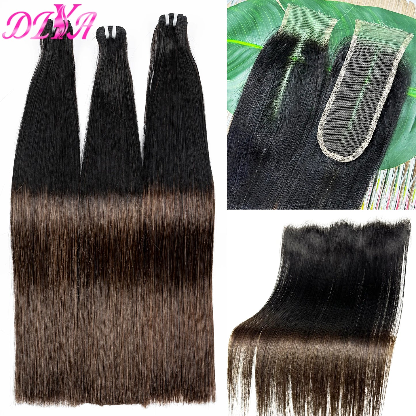 1BT4 Ombre Straight Bundles with 13x4 HD Lace Frontal 16A Double Drawn Vietnamese Hair Bundles with 2x6/5x5 Real HD Lace Closure