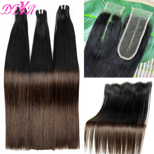 1BT4 Ombre Straight Bundles with 13x4 HD Lace Frontal 16A Double Drawn Vietnamese Hair Bundles with 2x6/5x5 Real HD Lace Closure