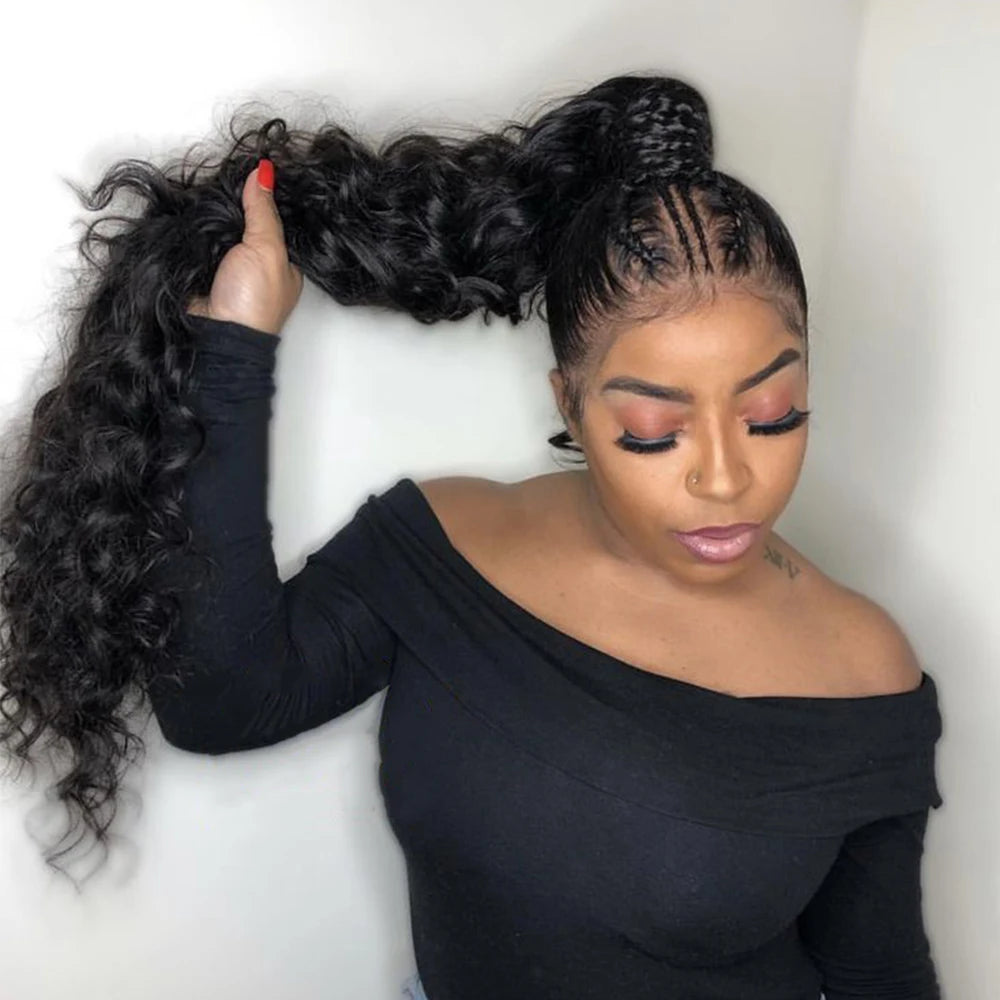 100g Natural Wave Drawstring Ponytail Human Hair Clip In Extensitons Natural Black Water Wave Pony Tail Brazilian Hair For Women