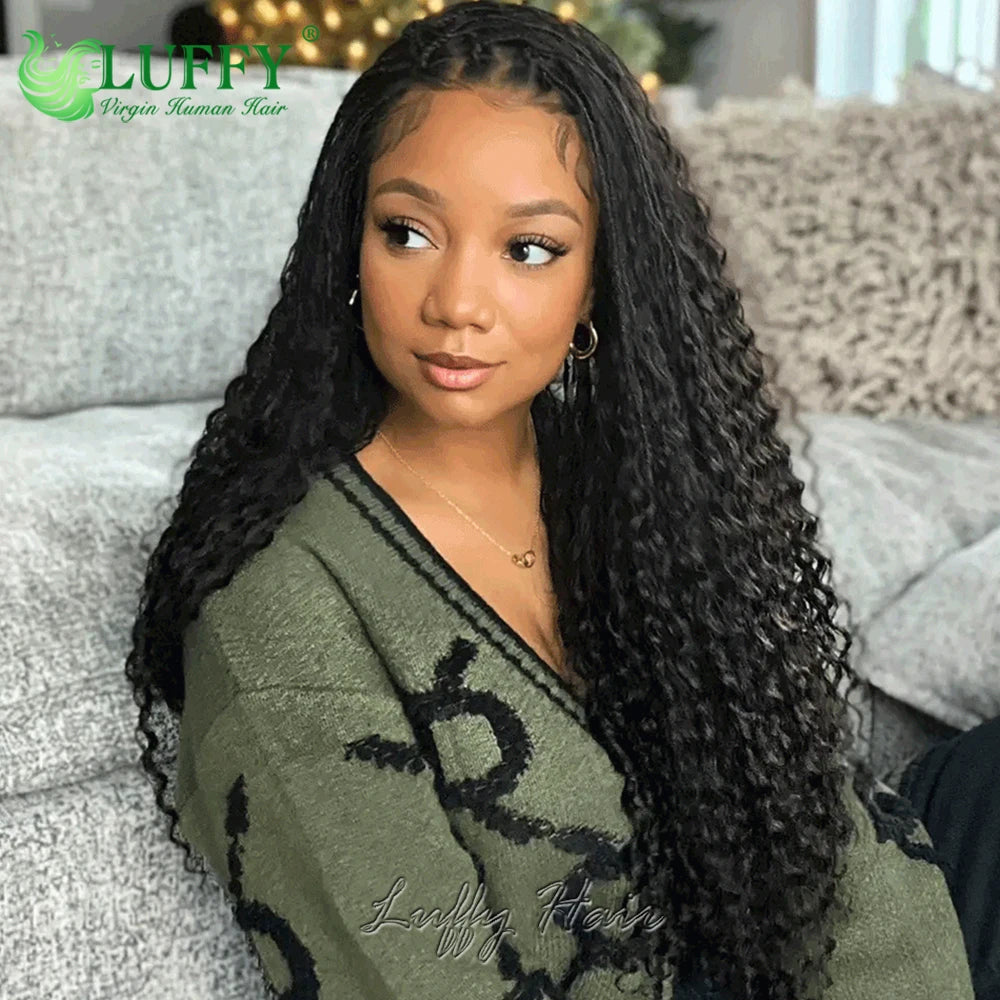 Braided Wigs 100% Human Hair Full Lace Wigs Knotless Boho Box Braids 300 Density Wig Curly Human Hair Pre Plucked with Baby Hair