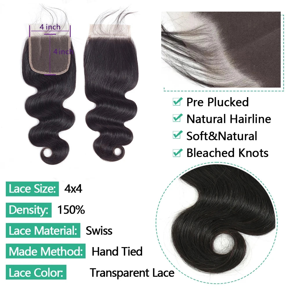 24 Inch Body Wave Closure 4x4 5x5 Transparent Lace Closure Human Hair PrePlucked Baby Hair 2x6 HD Lace Closure 3-5 Days Delivery
