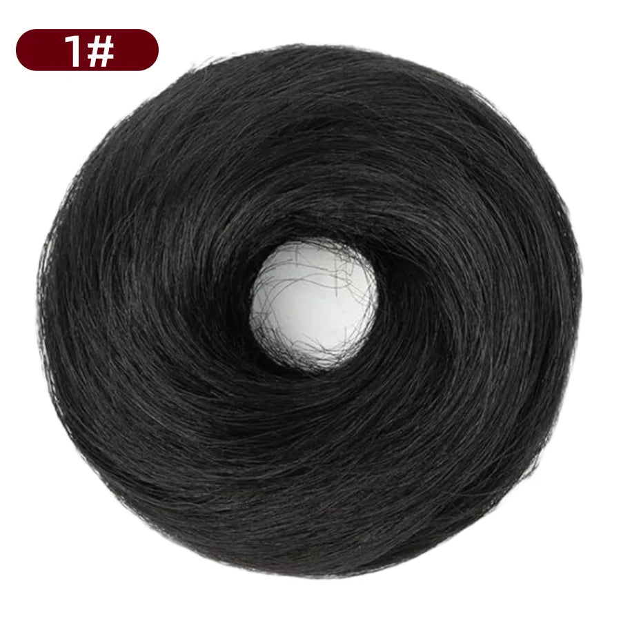Messy Bun Hair Piece Human Hair Natural Black Wavy Tousled Stretchy Fluffy Donut Updo Elegant Chignon with Elastic Rubber Band