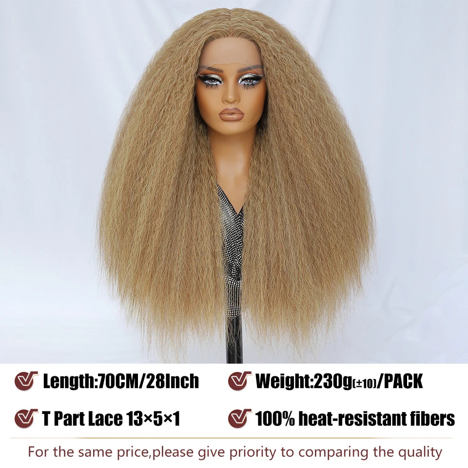 28 Inch Kinky Straight Lace Wigs Synthetic Black T Part Yaki Straight Lace Front Wigs For Women Brown Afro Wigs With Hair Line