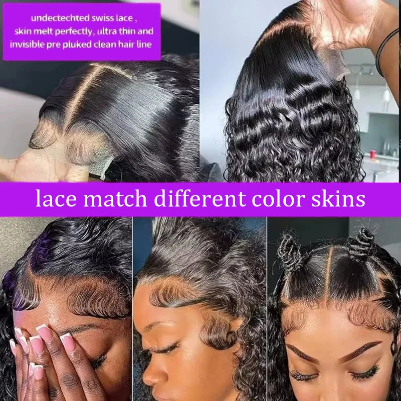 Deep Wave 13x4 Lace Frontal Bob Wig 200% Density Brazilian Pre Plucked 100% Human Hair Wigs #1B Water Wave Invisible Lace Wigs