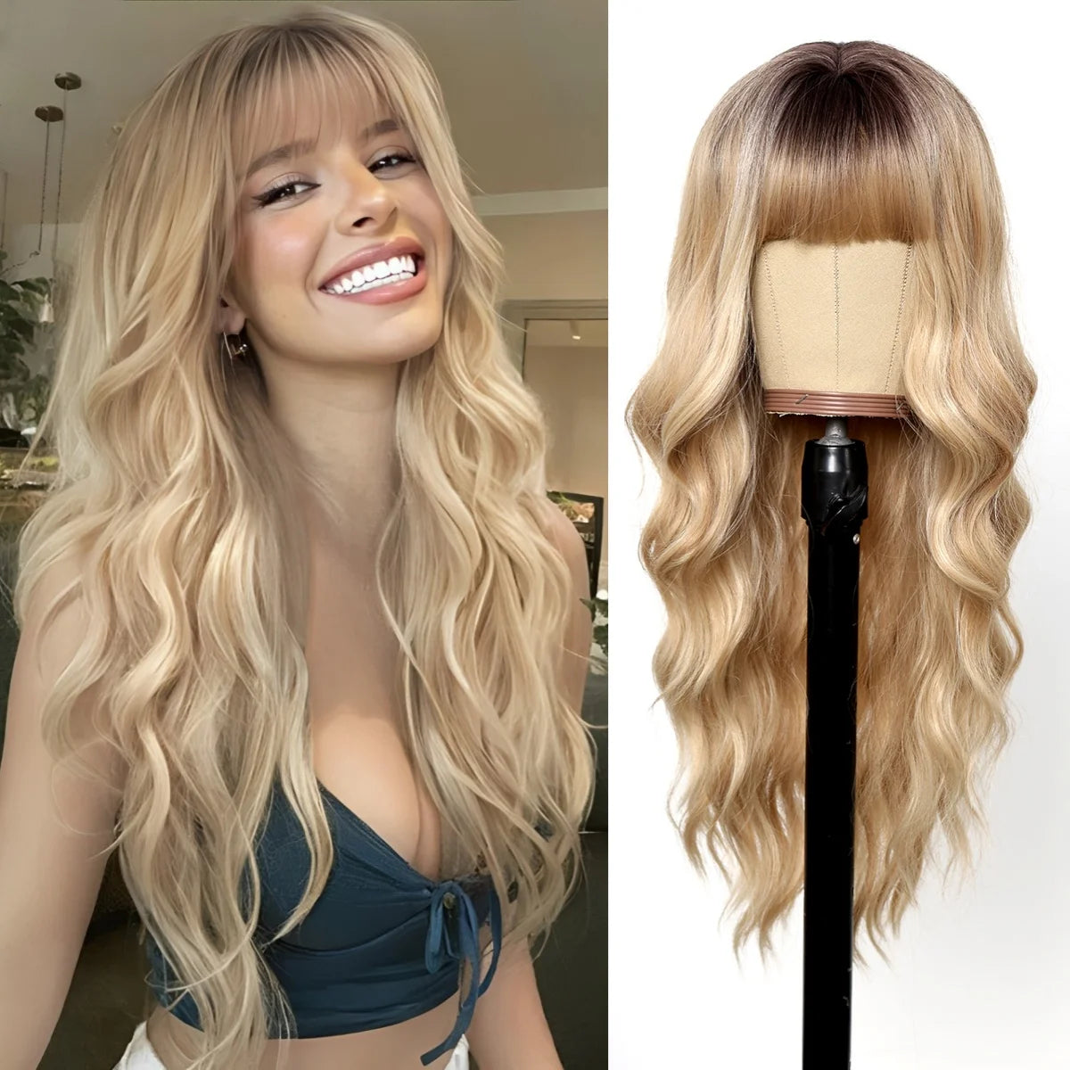 28 Inch Long Curly Wig With Bangs Ombre Brown Hair Wigs For Women Highlight Blonde Synthetic Wigs For Daily Party Heat Resistant