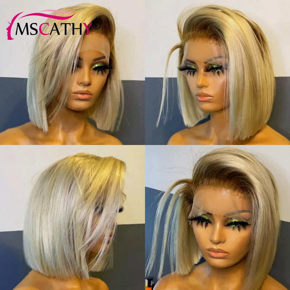 13x6 Blonde Ombre Human Hair Wigs For Women Short Straight Bob Lace Front Wig With Roots 13x4 HD Transparent Lace Remy Hair Wig