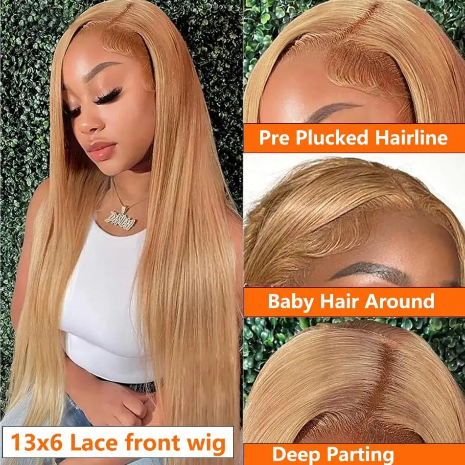 #27 Honey Blonde Human Hair Straight Wig 13X6 Lace Frontal Preplucked Wig 13x4 30 34 Inch Lace Front Colored Wigs For Women