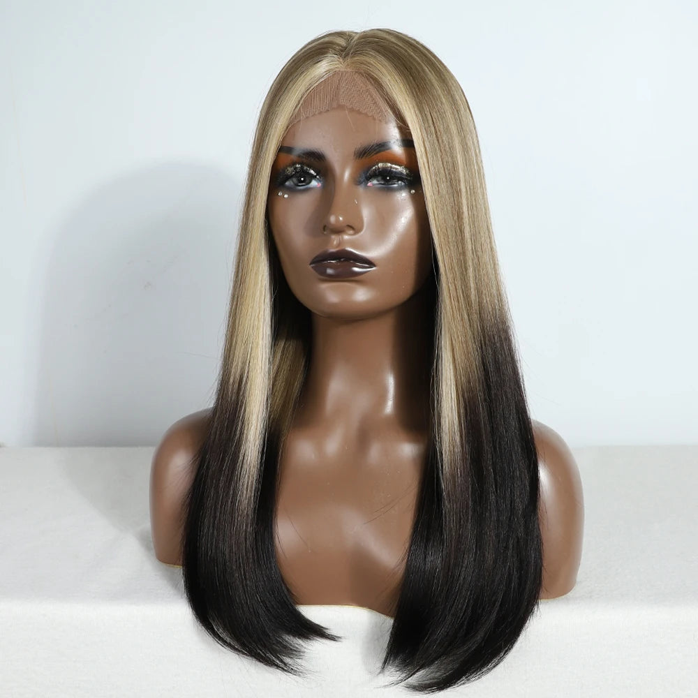Synthetic Lace Front Wig Straight Baby Hair Bob Wig Bown Black Blonde Hair Wig 22"Cosplay Wig For Women Heat Resistant Wig