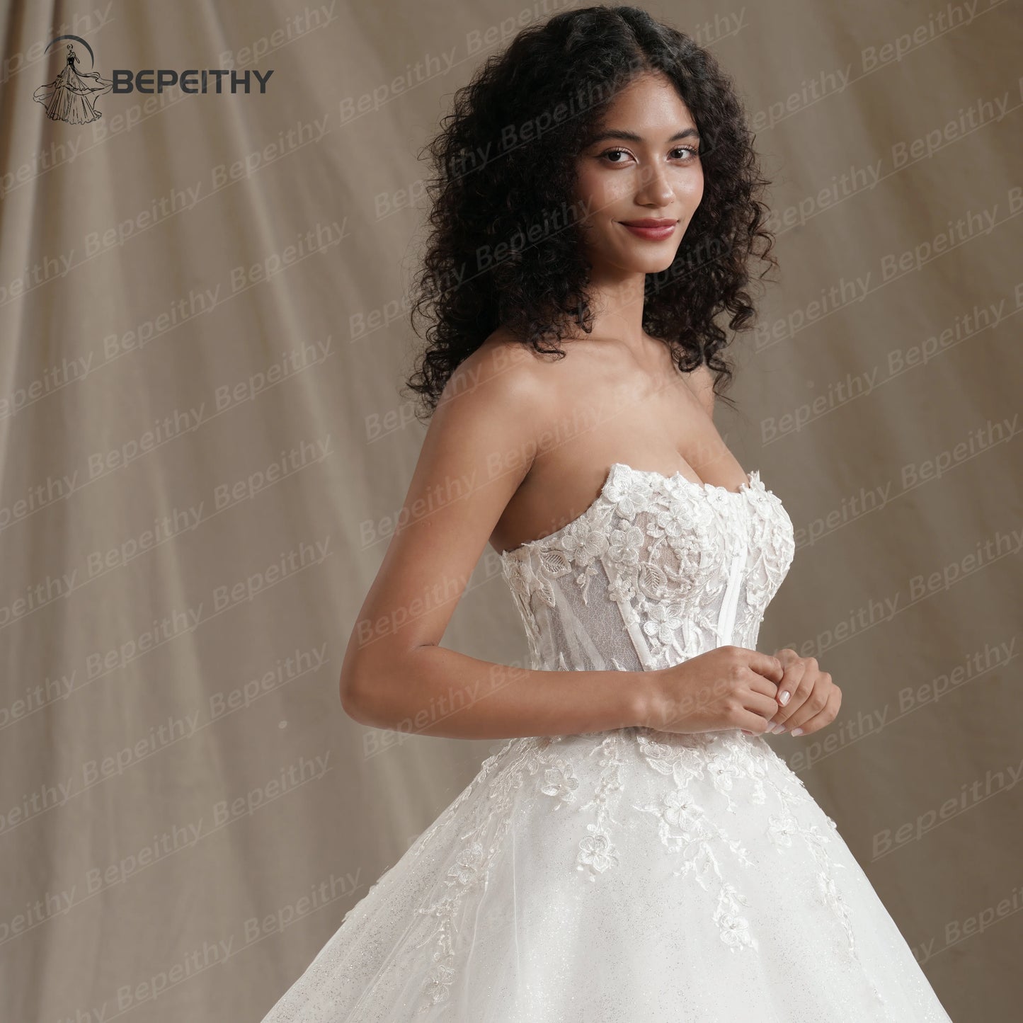 BEPEITHY Customized Strapless Glitter Princess Wedding Dresses 2025 Women Sleeveless 3D Flowers Bride Sexy Bridal Gown Vestido