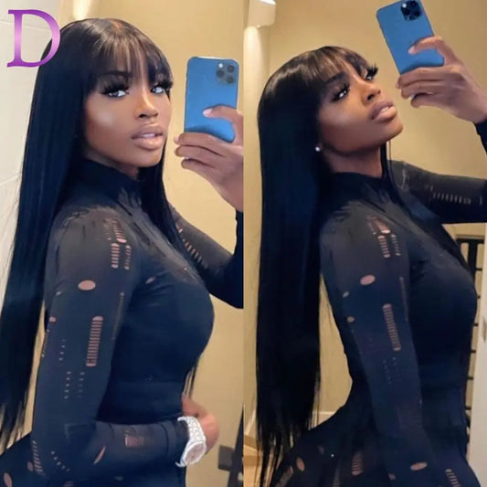 Straight 3X1 Middle Part Lace Realistic Look Fake Scalp Wig Brazilian Wig Straight Fringe Human Hair With Bangs For Women