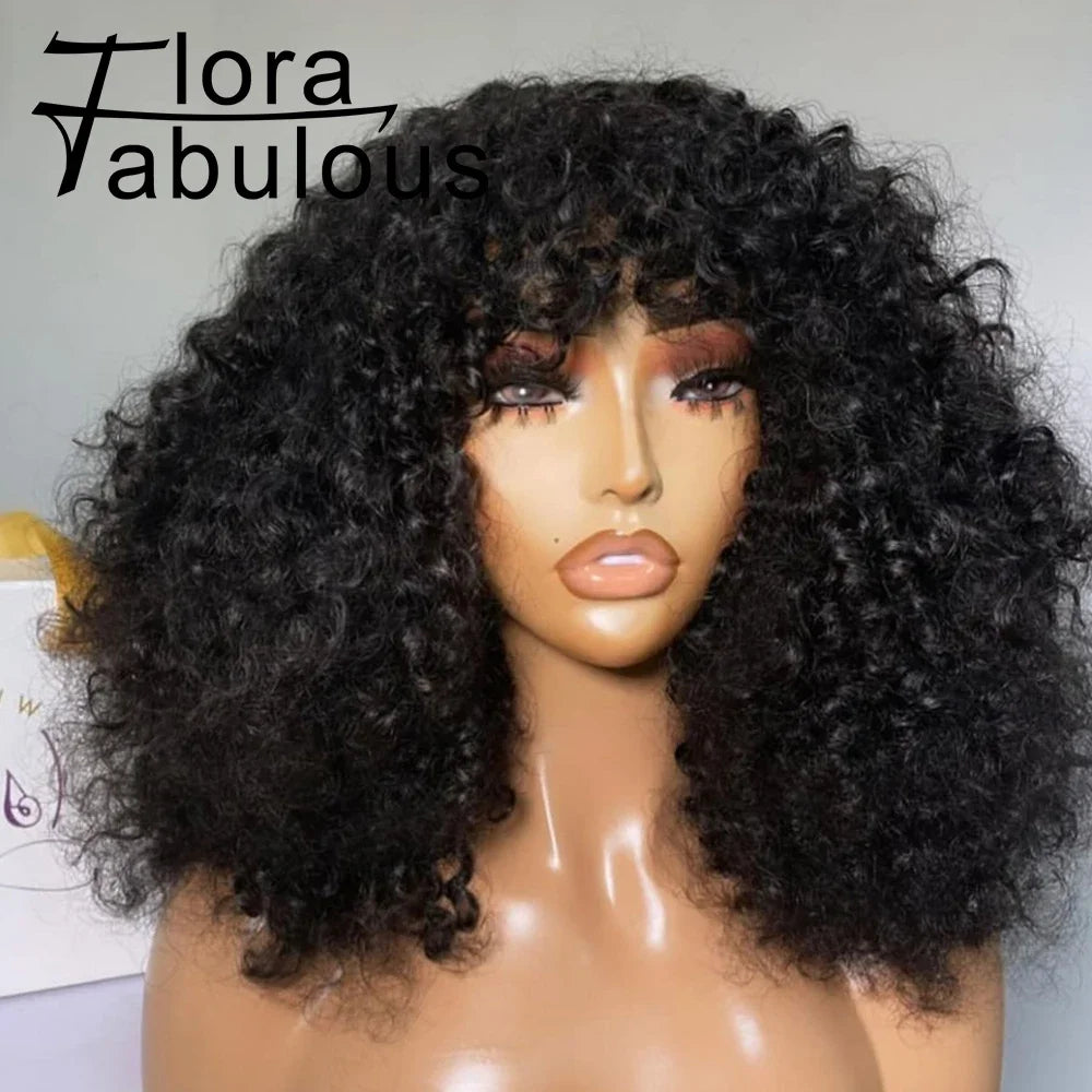 Curly Human Hair Wigs With Bangs 180% Density Water Wave Virgin Human Hair Full Machine Made Curly Glueless Wigs For Black Women