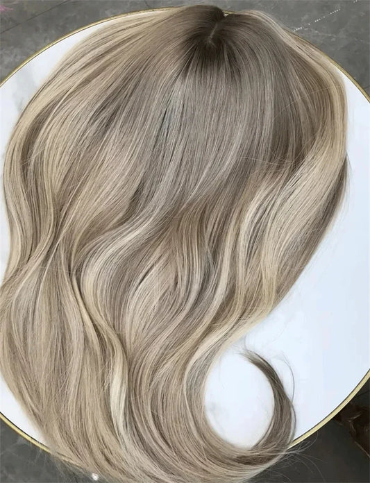 Preplucked Hairline Gentire Wig Premium Quality Ombre Ash Blonde Brunette Synthetic Lace Front Wig Blonde Natural Hair Wig 16''