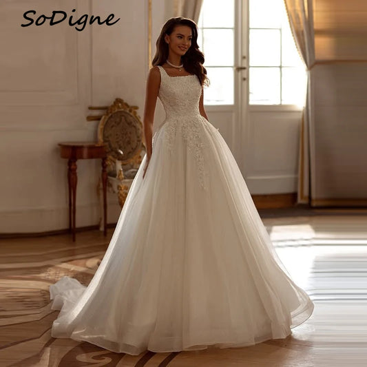 SoDigne A-line Tulle Wedding Dresses Square Collar Sleeveless Appliques Bridal Dress Bride Gown Robe De Mairee ﻿Customized ﻿