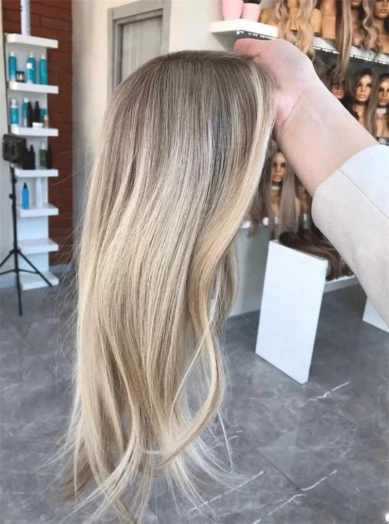 Preplucked Hairline Gentire Wig Premium Quality Ombre Ash Blonde Brunette Synthetic Lace Front Wig Blonde Natural Hair Wig 16''